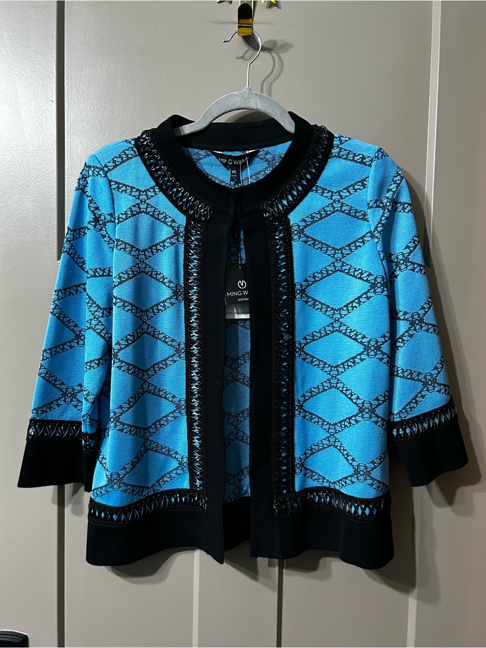 Ming Wang Knit Blue & Black Faux Leather heritage fit cardigan blazer